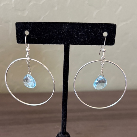 Faceted Blue Topaz Teardrops on Sterling Teardrop Hoop Earrings - Picture 1 of 4